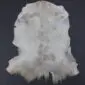 Natural goatskin rug with cream and grey speckled markings and an irregular shape.