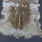 Goatskin Rug G1073 (1) Natural goatskin rug with long, textured hair in shades of brown, grey, and cream with a dark central stripe.