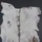 Natural goatskin rug with white fur, grey spots, and a brown dorsal stripe.