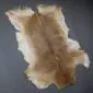 Natural goatskin rug with light brown and cream fur, featuring a dark dorsal stripe and irregular edges.