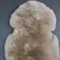 Natural beige sheepskin rug with thick, textured wool pile and an organic pelt shape.