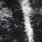 Close-up of a speckled cowhide rug featuring black and white natural hair texture with a central white stripe.