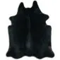 Irregularly shaped natural cowhide rug in solid black with a short hair texture.