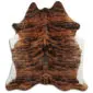 Cowhide Rug C01090 a (2) Natural cowhide rug with a brindle pattern of dark brown and tan stripes and white edges.