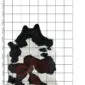 Cowhide Rug C01110 a (1) Natural cowhide rug with black, dark brown and white patches on a grid background.