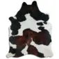 Cowhide Rug C01110 a (2) Natural cowhide rug with a tricolour pattern of dark brown, black, and white patches in an irregular shape.