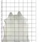 Irregularly shaped natural white cowhide rug with light grey and beige tones on a measured grid background.