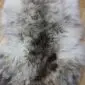 Double rare breed sheepskin rug with long, textured wool in mottled shades of cream, grey, and dark brown.