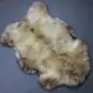 Rare Breed Sheepskin Rug RBM-92 (5) Natural rare breed sheepskin rug with cream and brown mottled wool in an irregular organic shape.
