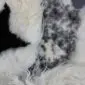 Close up of a multi layer sheepskin rug featuring long, textured wool in cream, grey, and black tones.