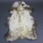 Natural rare breed sheepskin rug with cream wool and dark brown mottled edges in a traditional pelt shape.