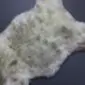 Natural rare breed sheepskin rug with long, textured cream and grey wool fibres.