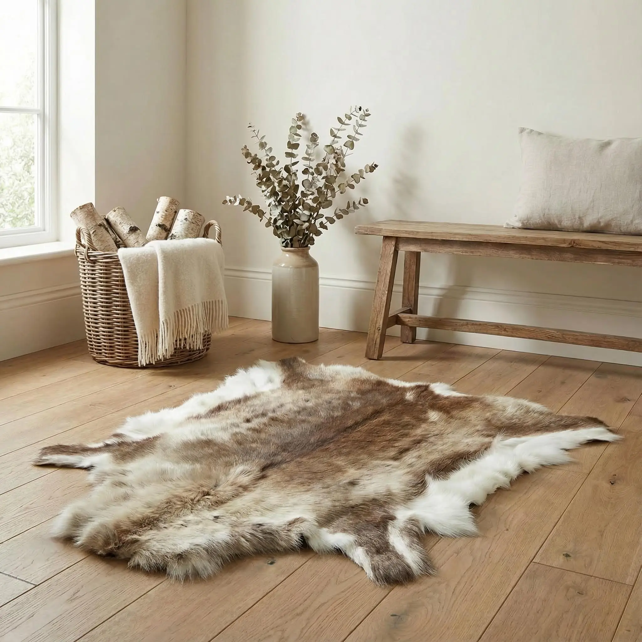 Natural reindeer hide rug showing classic balanced mix of brown grey and cream tones