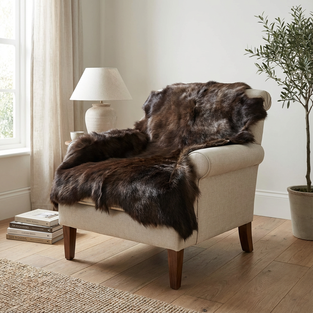 Beautiful Brown Reindeer Skin for sale, on ivory chair